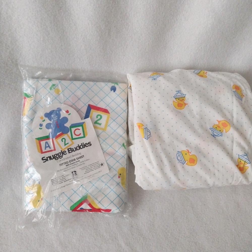 Vintage 80s Crib Sheets Lot of 2 Rubber Duckie Gender Neutral Baby Deadstock